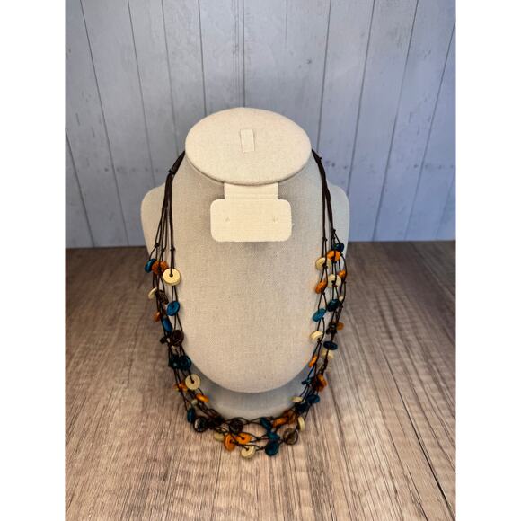 Beaded Necklace with Rocks Blue Orange Beige Brown Boho Necklace New Fast Ship - Picture 2 of 6